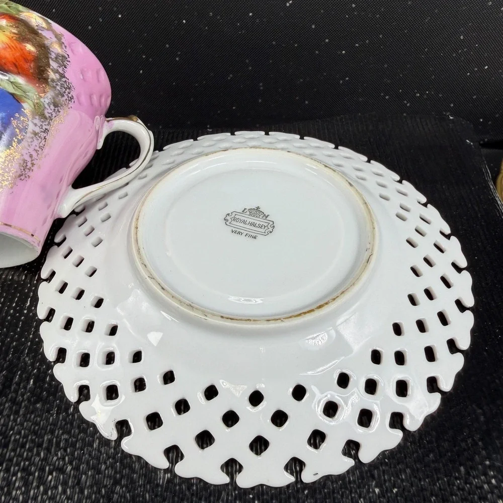 Royal Halsey Very Fine Pink Fruit Reticulated Tea Cup and Saucer Set Gold Gilt